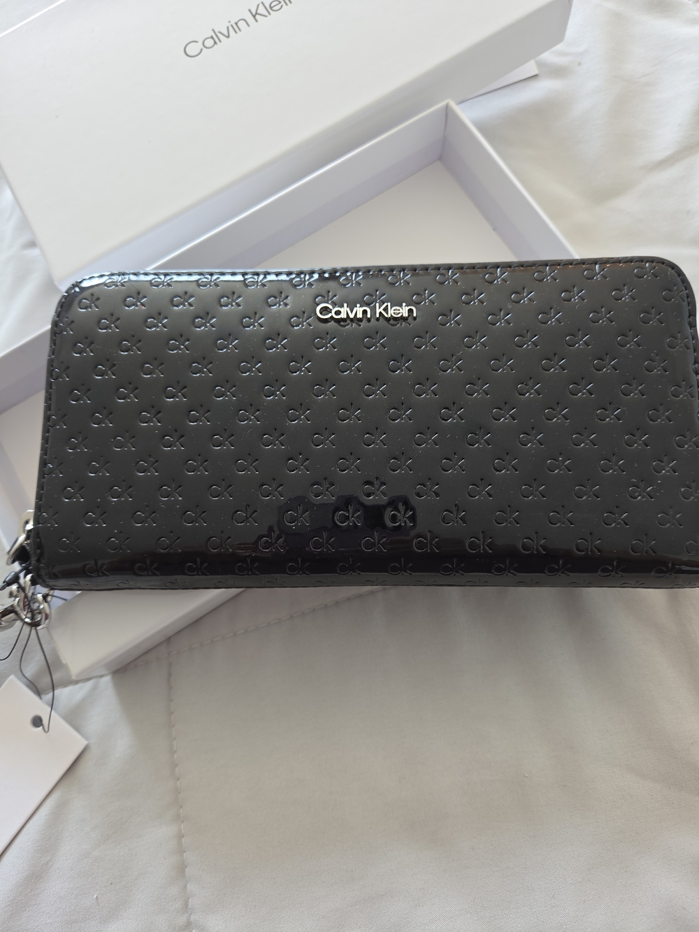Calvin Klein Black Patent Logo Zip Wallet
